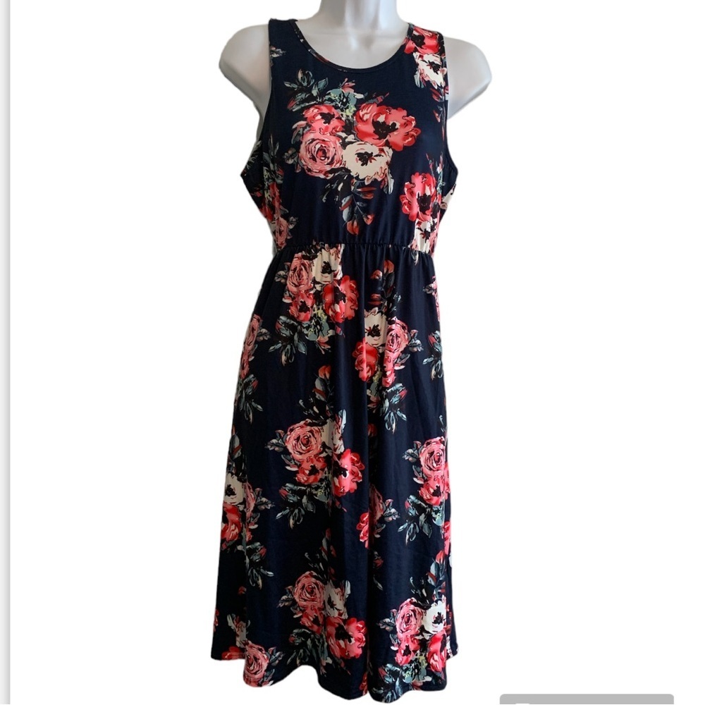 Navy Pink Floral Dress Medium Ours Stretchy Mini MIDI Flower Rose Sundress NEW